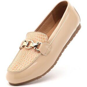 Womens Nude-beige Faux Leather On Comfort Chunky Heel Lug Sole Loafers Shoes